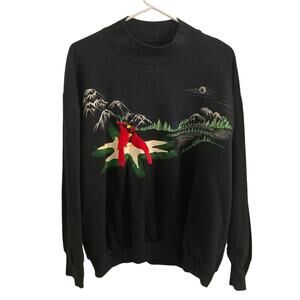 Vintage Navy Blue Mockneck Sweatshirt with Embroidered Cardinals - Size L